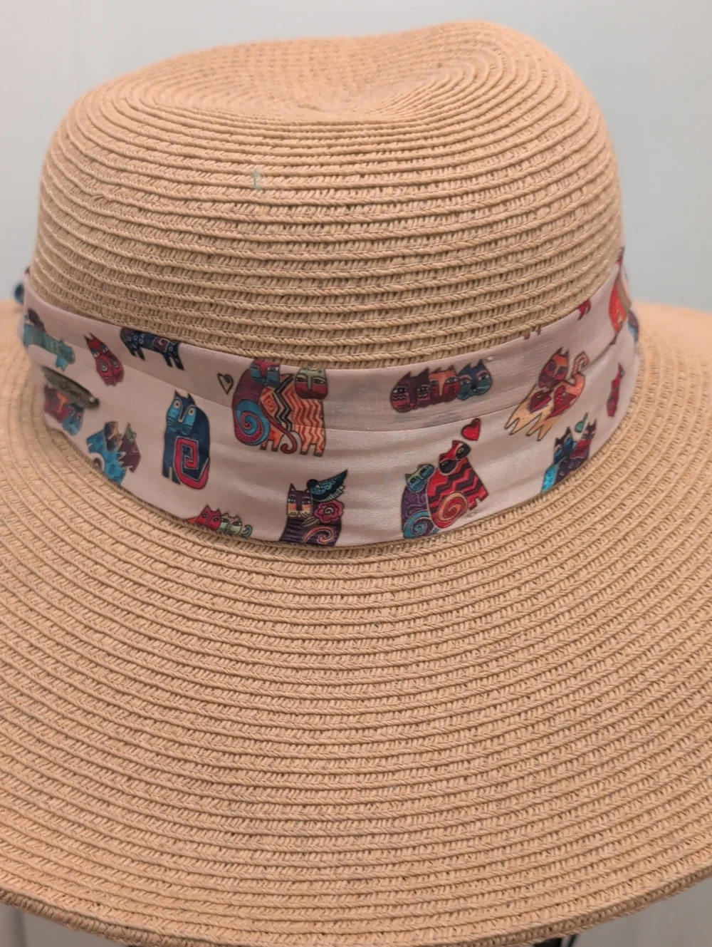 Laurel Burch Brim Straw Sun Hat with Decorative Scarf - Beige